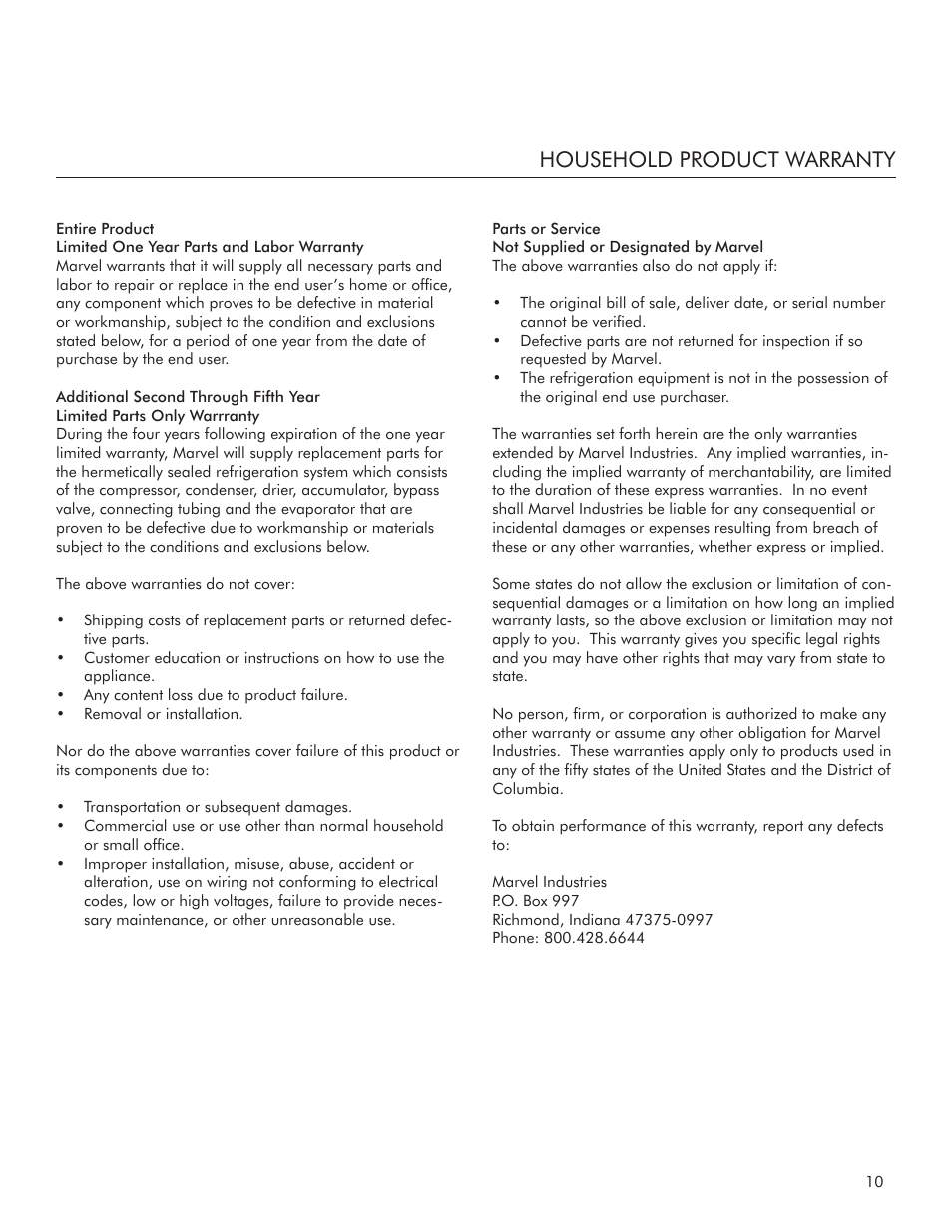 Household product warranty | Marvel Industries 3SBARE User Manual | Page 11 / 12