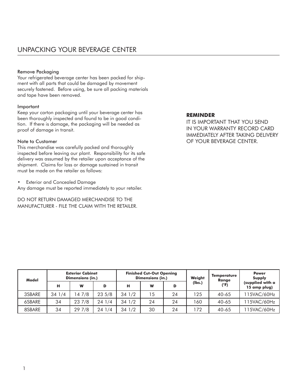 Unpacking your beverage center | Marvel Industries 3SBARE User Manual | Page 2 / 12