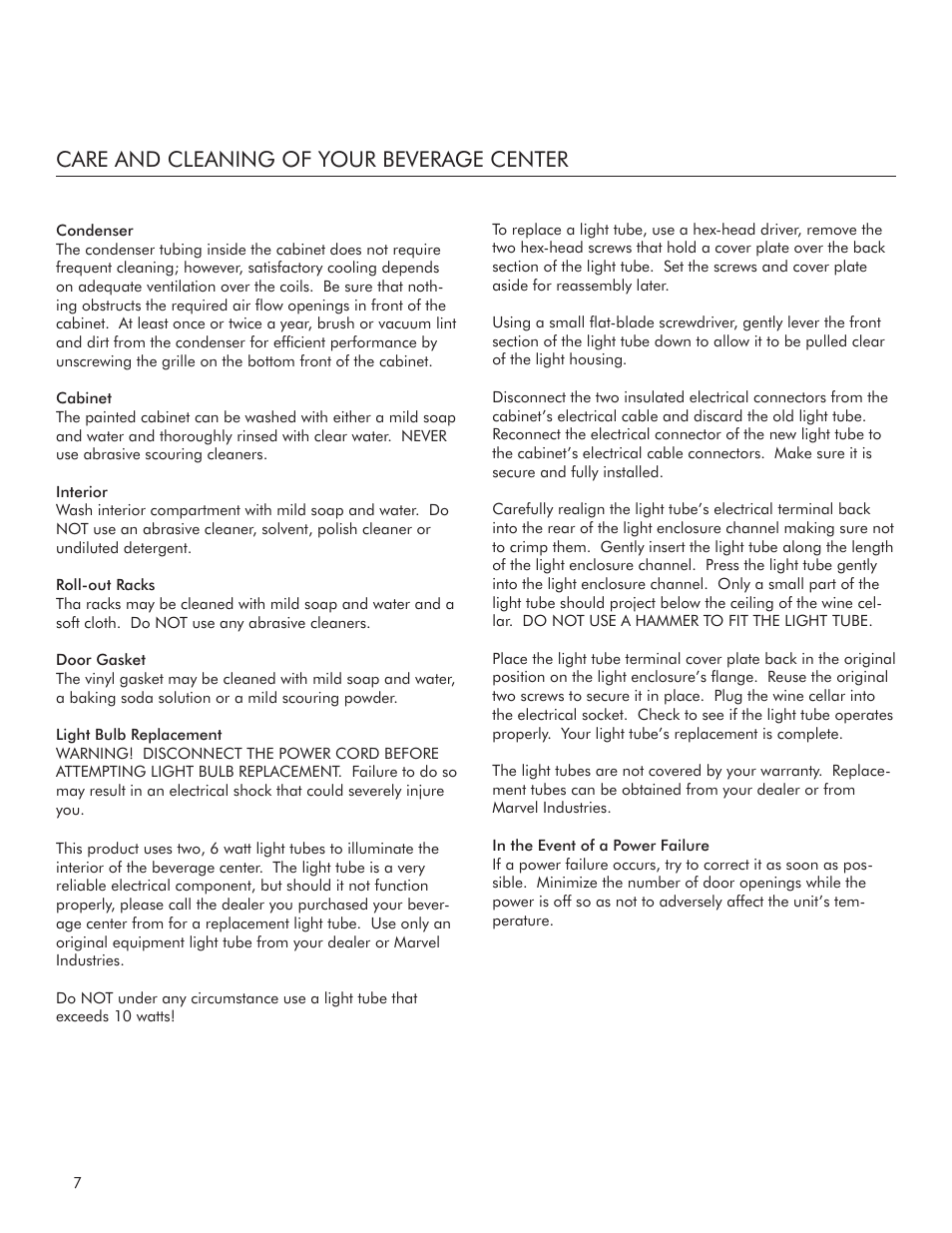 Care and cleaning of your beverage center | Marvel Industries 3SBARE User Manual | Page 8 / 12