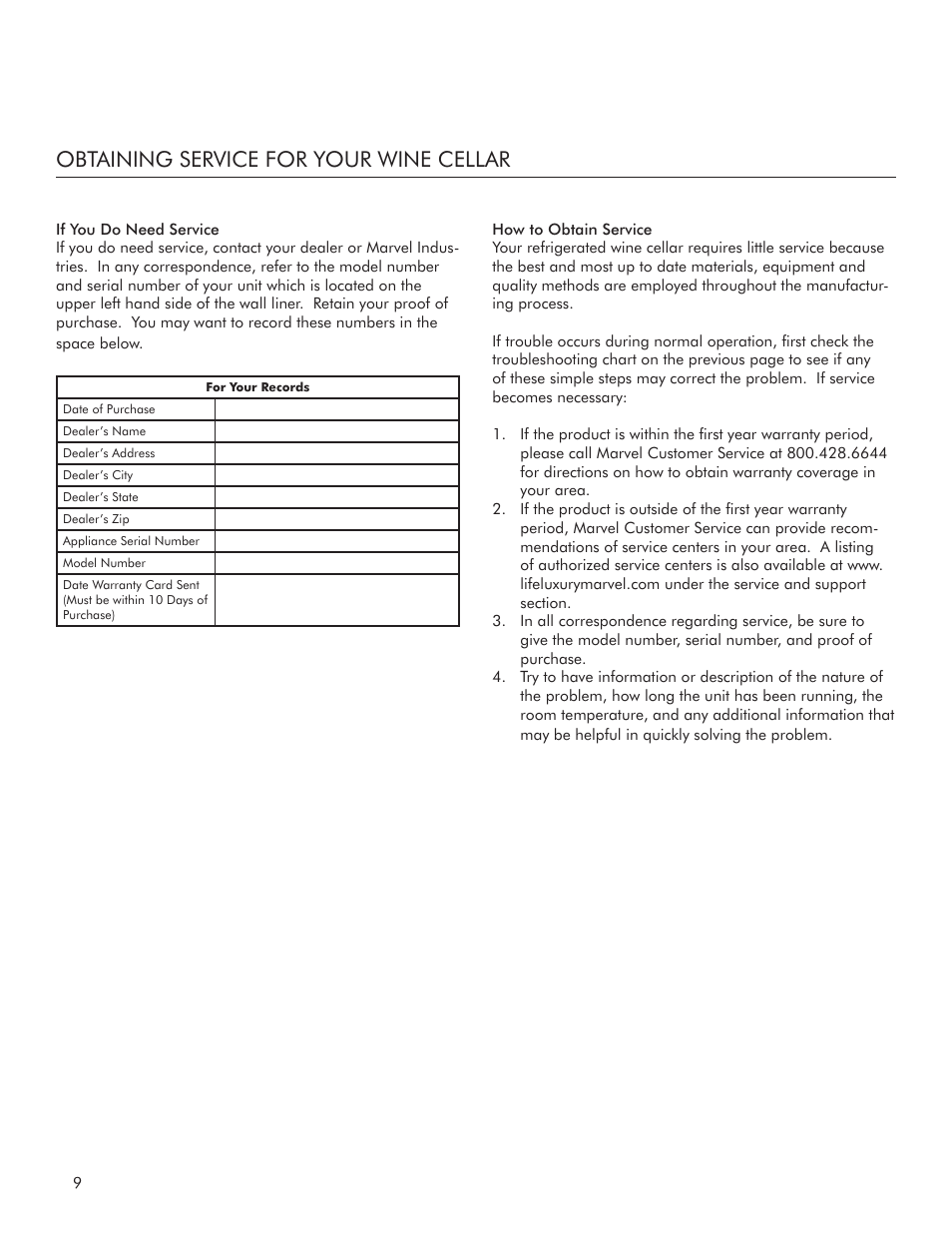 Obtaining service for your wine cellar | Marvel Industries 8SWCE User Manual | Page 10 / 12