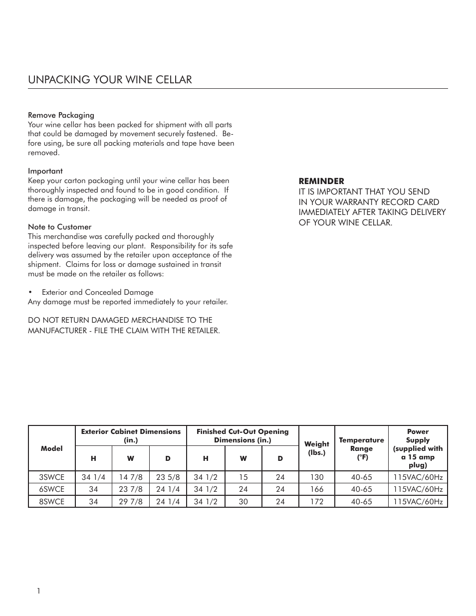Unpacking your wine cellar | Marvel Industries 8SWCE User Manual | Page 2 / 12