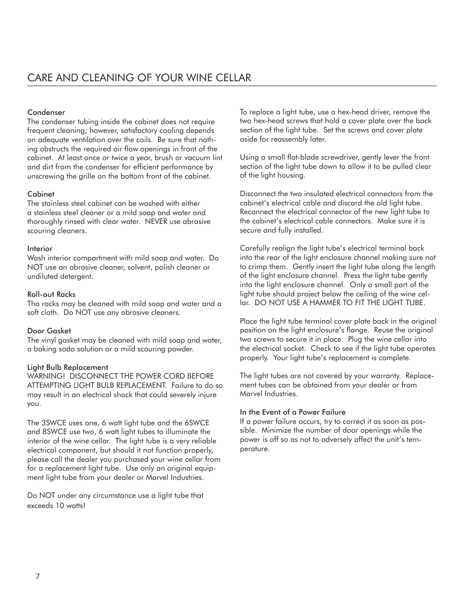 Care and cleaning of your wine cellar | Marvel Industries 8SWCE User Manual | Page 8 / 12