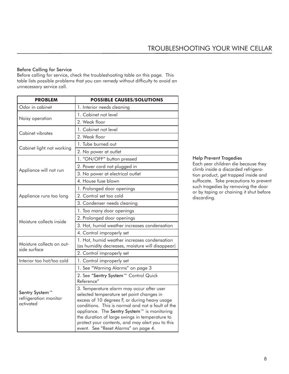 Troubleshooting your wine cellar | Marvel Industries 8SWCE User Manual | Page 9 / 12