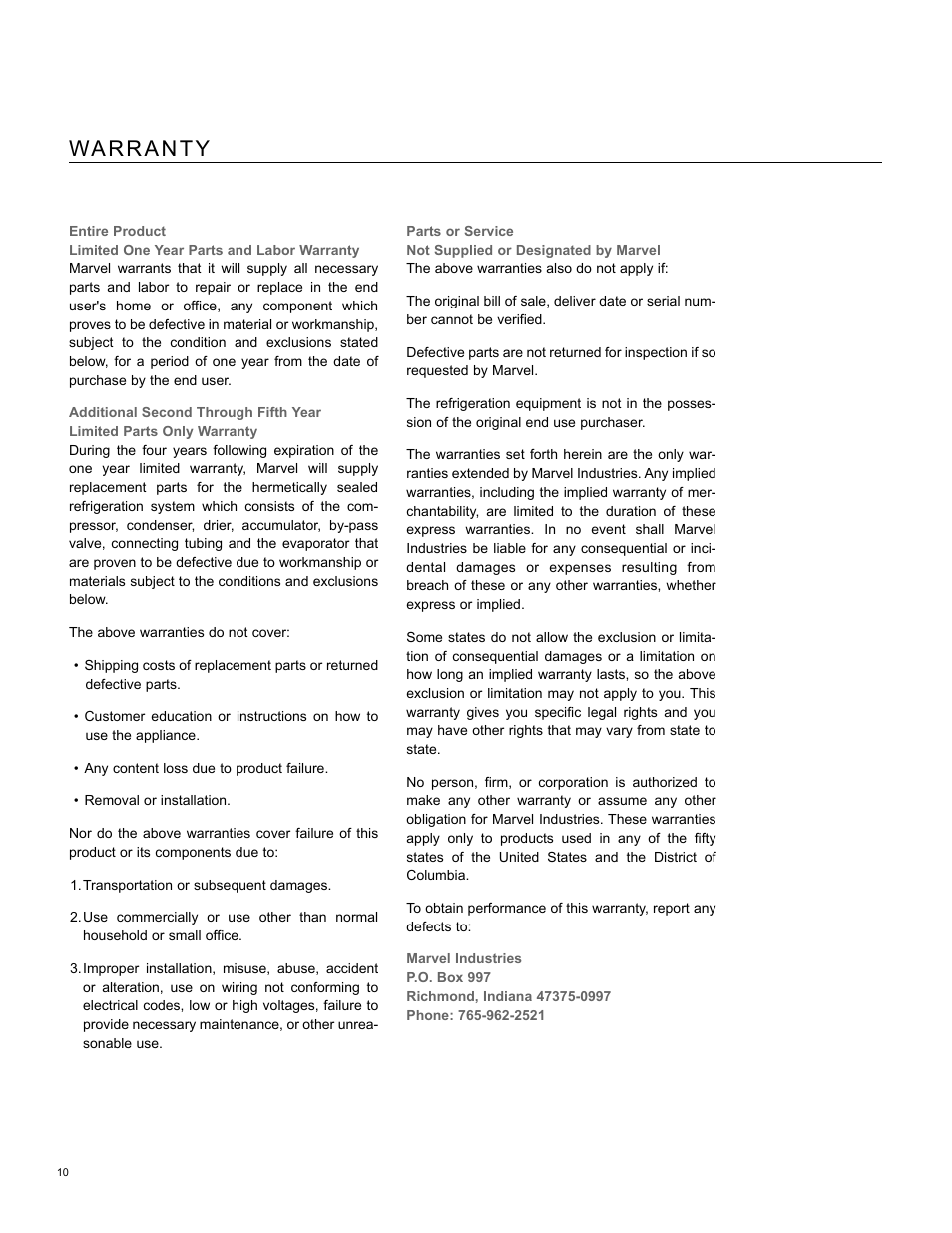 Warranty | Marvel Industries 80RD User Manual | Page 10 / 12