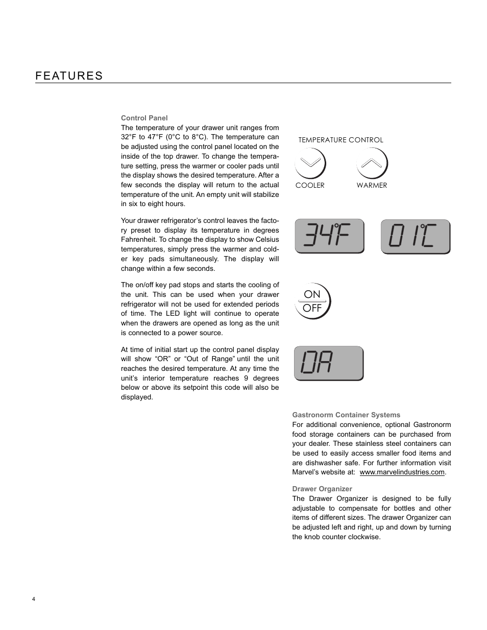 Features, On off | Marvel Industries 80RD User Manual | Page 4 / 12