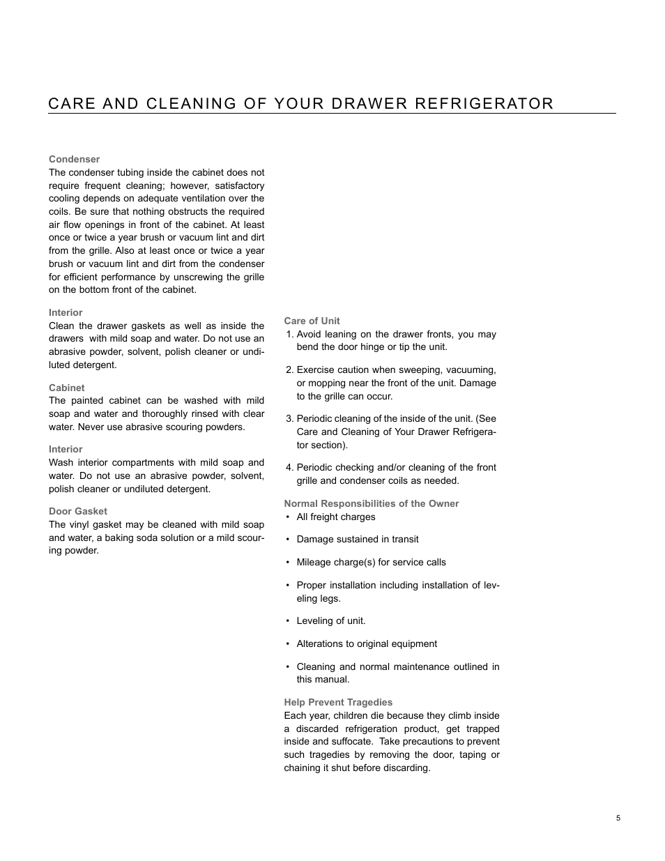 Care and cleaning of your drawer refrigerator | Marvel Industries 80RD User Manual | Page 5 / 12