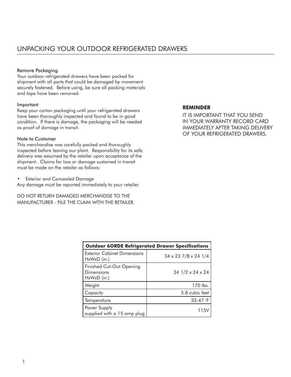 Unpacking your outdoor refrigerated drawers | Marvel Industries 24" Refrigerated Drawers 6ORDE User Manual | Page 2 / 12