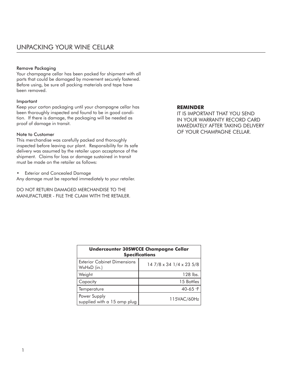 Unpacking your wine cellar | Marvel Industries Refrigerated Champagne Cellar 3SWCCE User Manual | Page 2 / 10