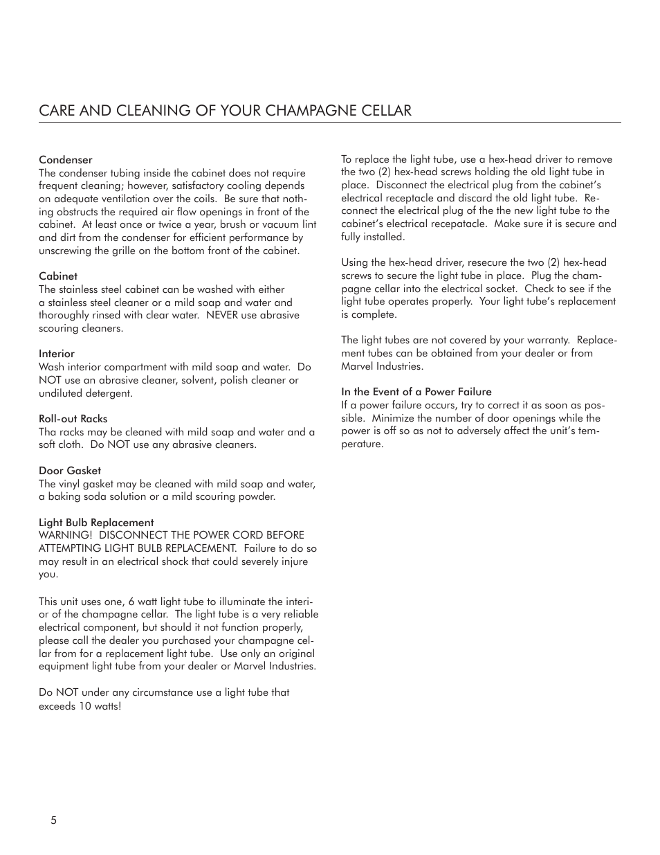 Care and cleaning of your champagne cellar | Marvel Industries Refrigerated Champagne Cellar 3SWCCE User Manual | Page 6 / 10
