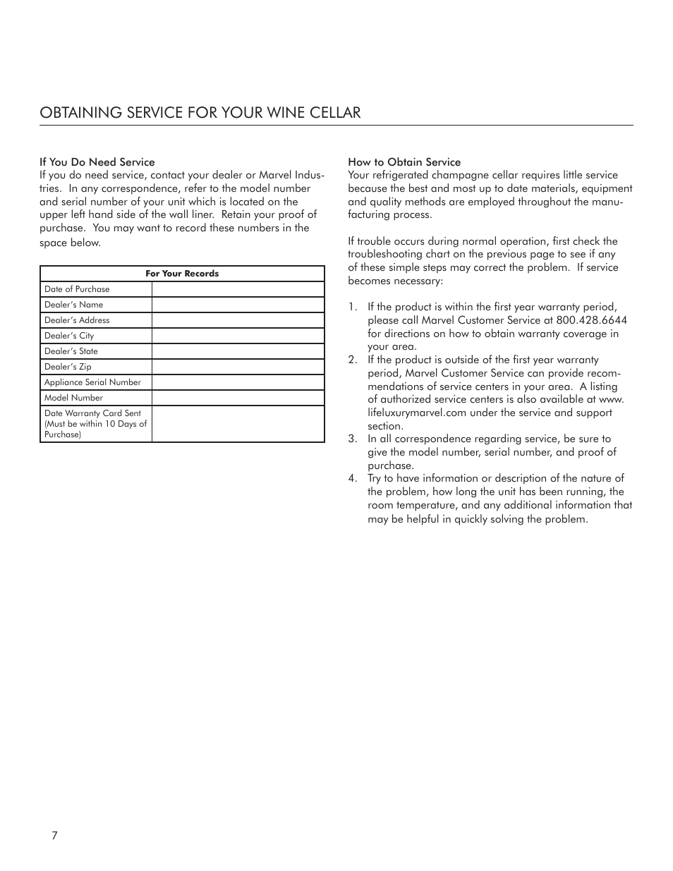 Obtaining service for your wine cellar | Marvel Industries Refrigerated Champagne Cellar 3SWCCE User Manual | Page 8 / 10