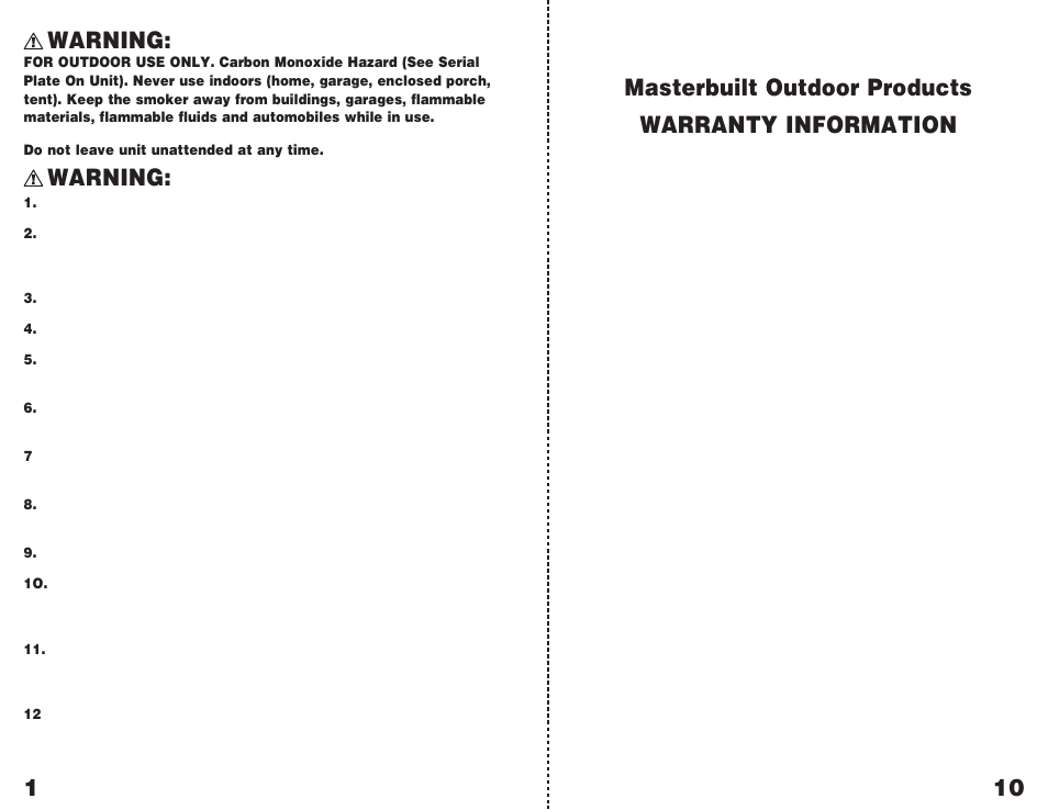 Masterbuilt outdoor products warranty information, Warning, Warning: 10 1 | Masterbuilt THE ROOK GMCS User Manual | Page 2 / 6