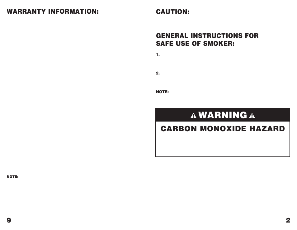 Warning, Carbon monoxide hazard, Warranty information | 29 caution, General instructions for safe use of smoker | Masterbuilt THE ROOK GMCS User Manual | Page 3 / 6