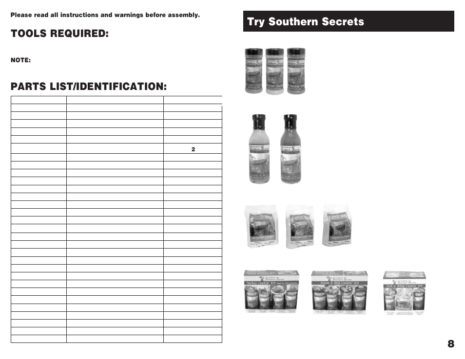 Try southern secrets, 8parts list/identification, Tools required | Injectable turkey marinades, Fish & seafood batters | Masterbuilt THE ROOK GMCS User Manual | Page 4 / 6