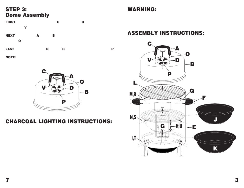Warning, Assembly instructions: 3 7 step 3: dome assembly, Charcoal lighting instructions | Masterbuilt THE ROOK GMCS User Manual | Page 5 / 6