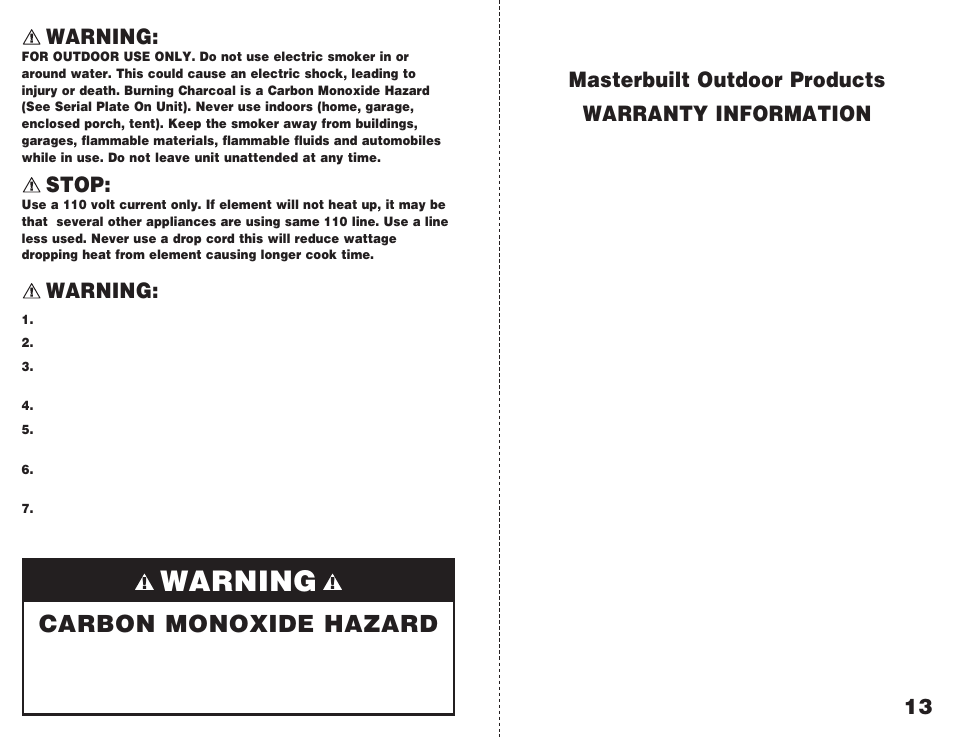 Carbon monoxide hazard, Masterbuilt outdoor products warranty information, Warning | Stop | Masterbuilt GMES User Manual | Page 2 / 8