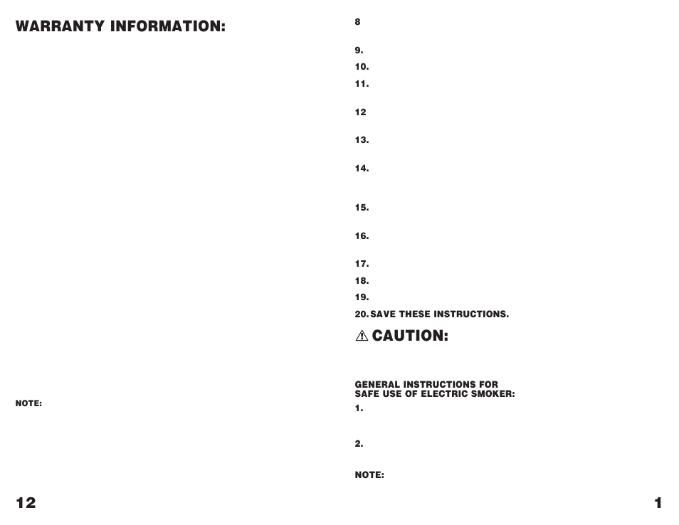 Caution, Warranty information | Masterbuilt GMES User Manual | Page 3 / 8
