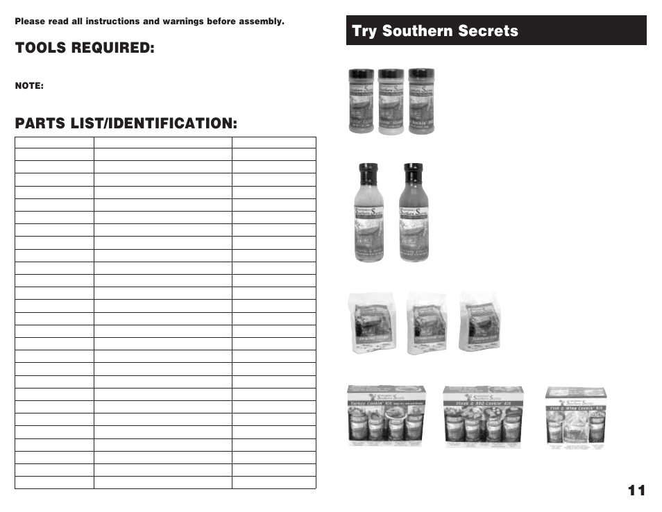 Try southern secrets, Parts list/identification, Tools required | Injectable turkey marinades, Fish & seafood batters | Masterbuilt GMES User Manual | Page 4 / 8