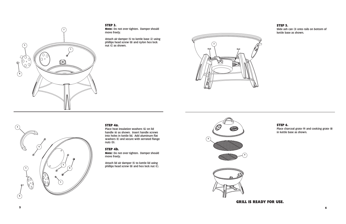 Grill is ready for use, Step 4a, Step 4b | Step 3, Step 6, Step 5 | Masterbuilt 10040607 14" User Manual | Page 6 / 6