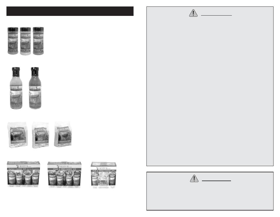 Caution, Injectable turkey marinades, Fish & seafood batters | Warning | Masterbuilt SMPG3 User Manual | Page 3 / 8