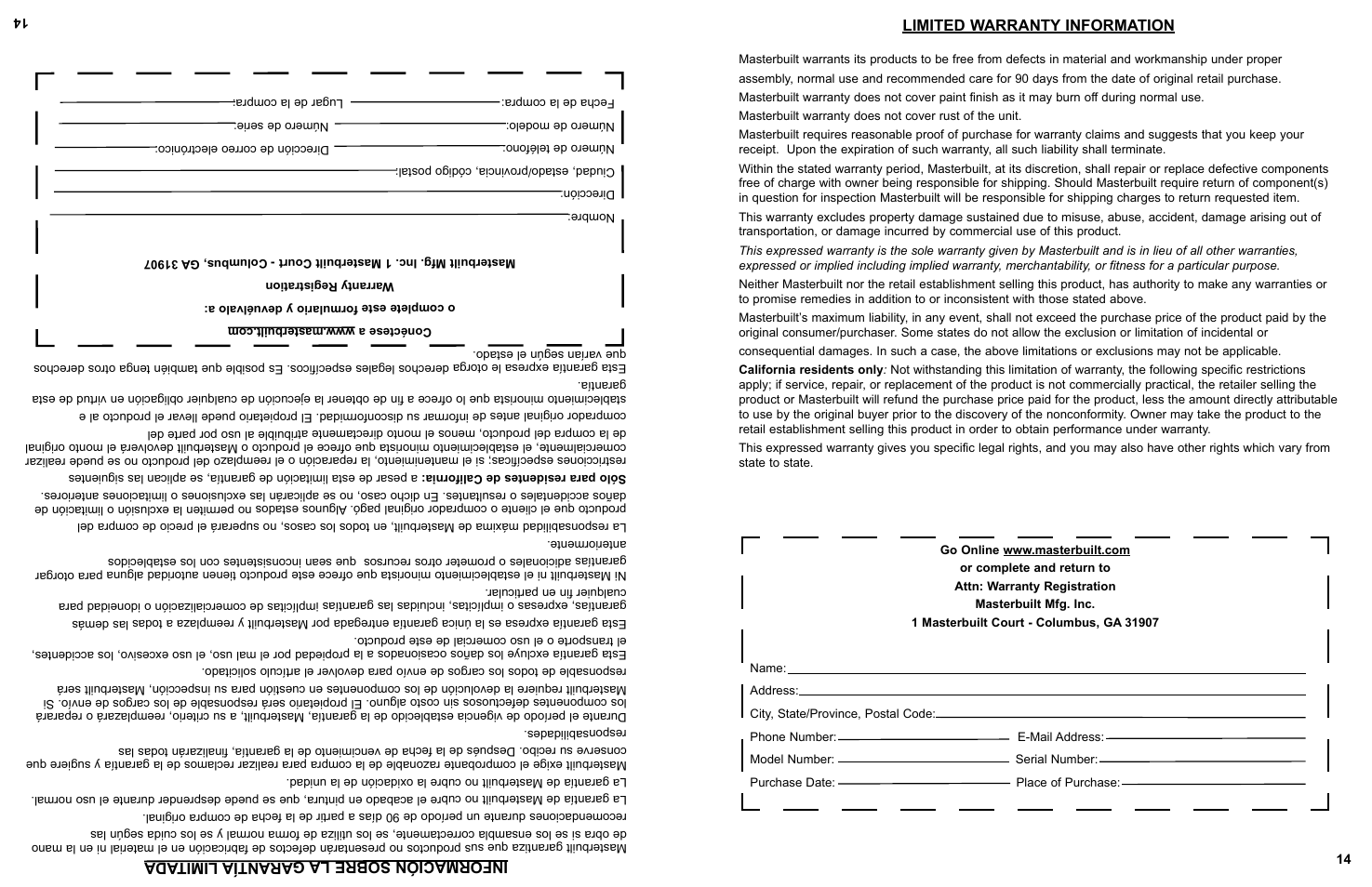 Información sobre la garantía limitada, Limited warranty information | Masterbuilt 20010210 User Manual | Page 15 / 16