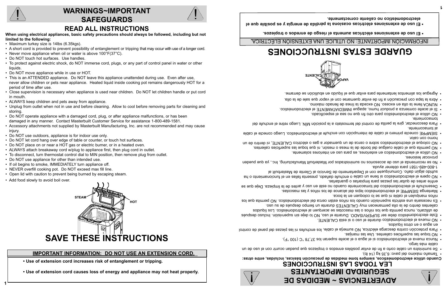 Save these instructions, Guarde estas instrucciones, Warnings~important safeguards | Advertencias ~ medidas de seguridad importantes, Read all instructions, Lea t odas las instrucciones | Masterbuilt 20010210 User Manual | Page 2 / 16