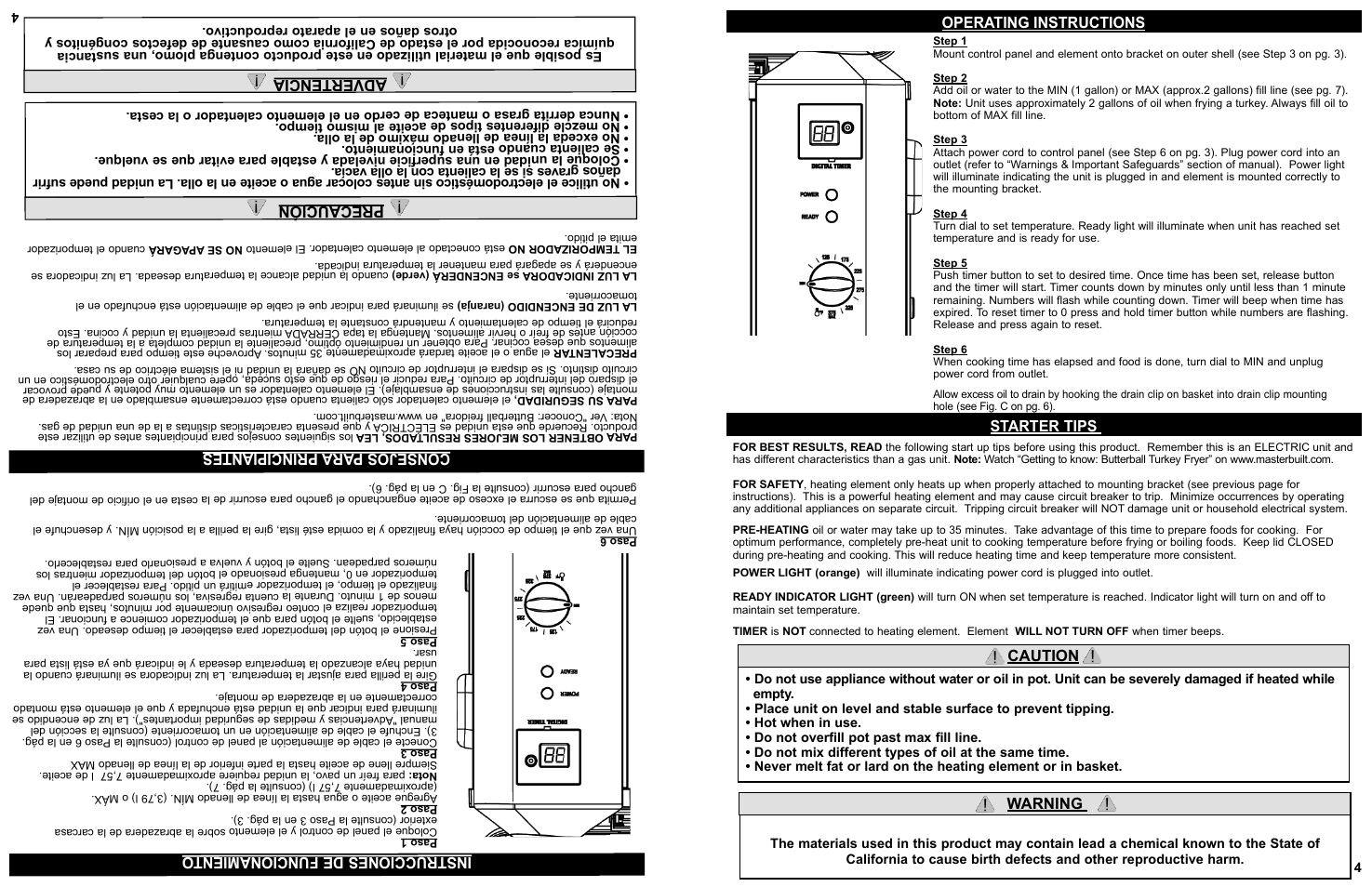Operating instructions, Starter tips caution, Warning | Instrucciones de funcionamiento, Consejos para principiantes precaución, Advertencia | Masterbuilt 20010210 User Manual | Page 5 / 16