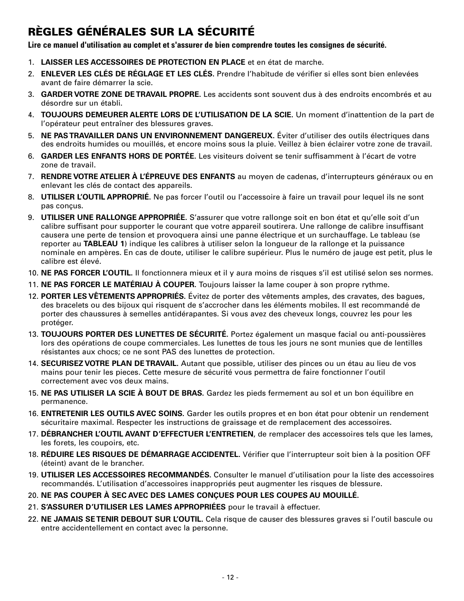 Règles générales sur la sécurité | Masterbuilt Master Cut 7in. Portable Tile 60089 User Manual | Page 12 / 32