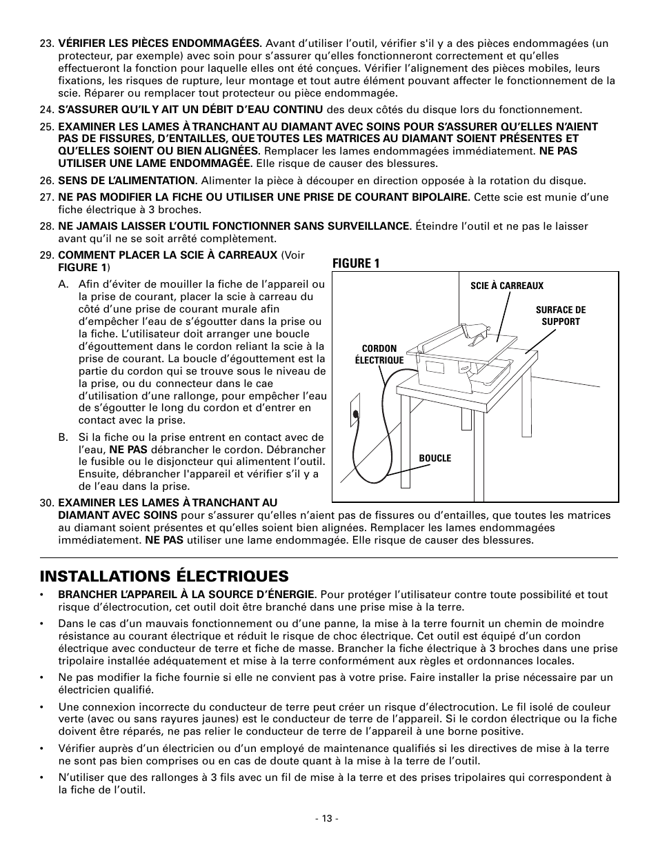 Installations électriques | Masterbuilt Master Cut 7in. Portable Tile 60089 User Manual | Page 13 / 32