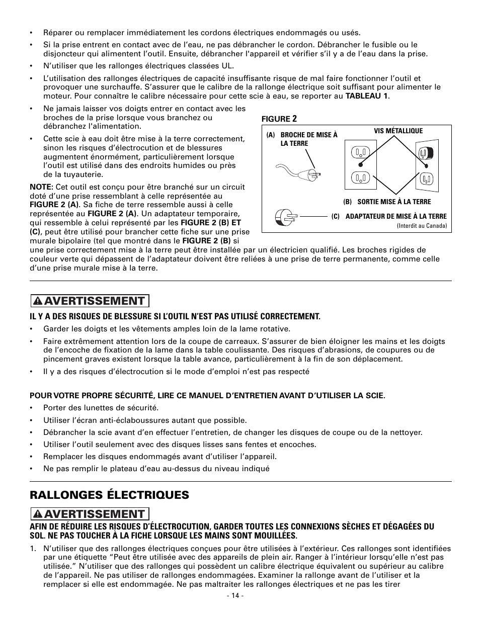 Rallonges électriques, Avertissement | Masterbuilt Master Cut 7in. Portable Tile 60089 User Manual | Page 14 / 32