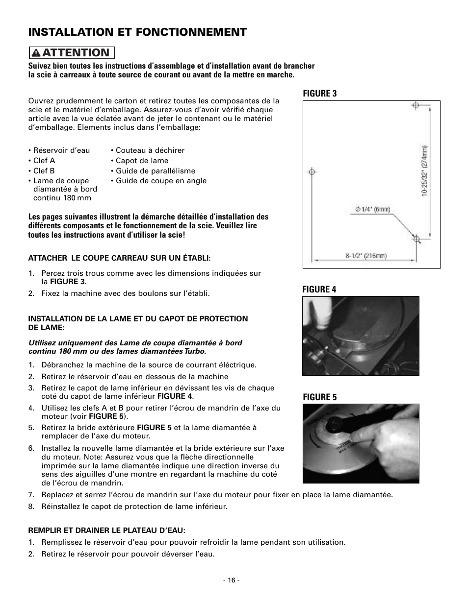 Installation et fonctionnement, Attention | Masterbuilt Master Cut 7in. Portable Tile 60089 User Manual | Page 16 / 32