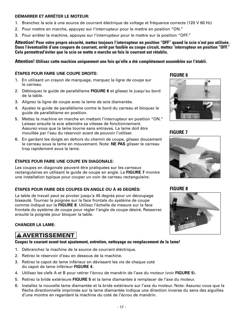 Avertissement | Masterbuilt Master Cut 7in. Portable Tile 60089 User Manual | Page 17 / 32