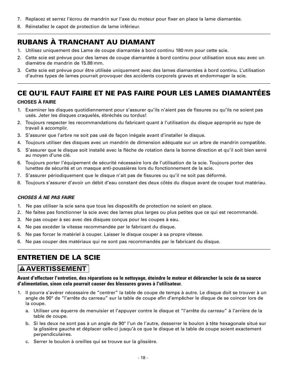 Rubans à tranchant au diamant, Entretien de la scie, Avertissement | Masterbuilt Master Cut 7in. Portable Tile 60089 User Manual | Page 18 / 32