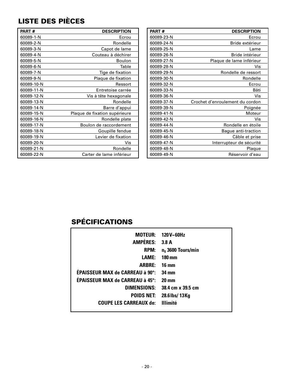 Liste des pièces, Spécifications | Masterbuilt Master Cut 7in. Portable Tile 60089 User Manual | Page 20 / 32