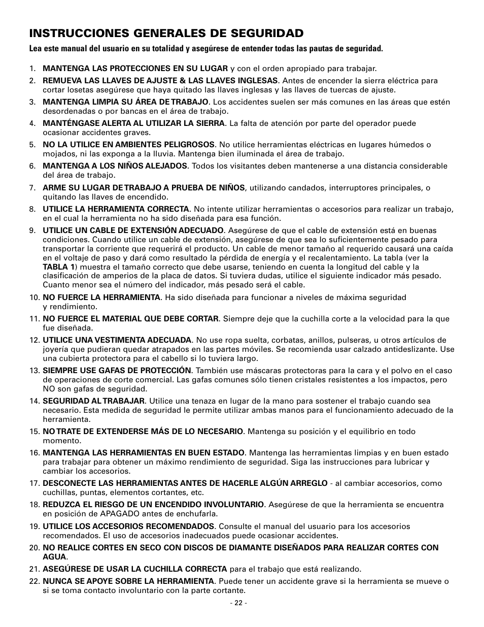 Instrucciones generales de seguridad | Masterbuilt Master Cut 7in. Portable Tile 60089 User Manual | Page 22 / 32