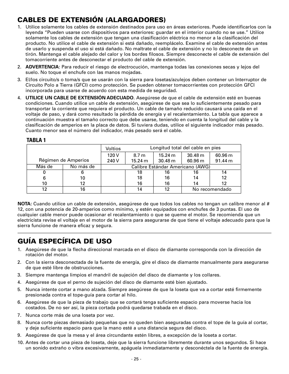 Cables de extensión (alargadores), Guía específica de uso | Masterbuilt Master Cut 7in. Portable Tile 60089 User Manual | Page 25 / 32