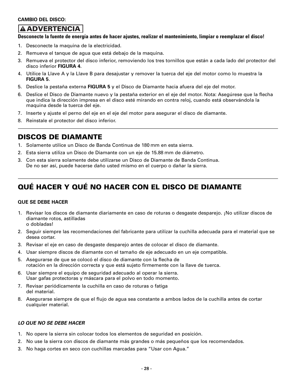 Discos de diamante, Qué hacer y qué no hacer con el disco de diamante, Advertencia | Masterbuilt Master Cut 7in. Portable Tile 60089 User Manual | Page 28 / 32