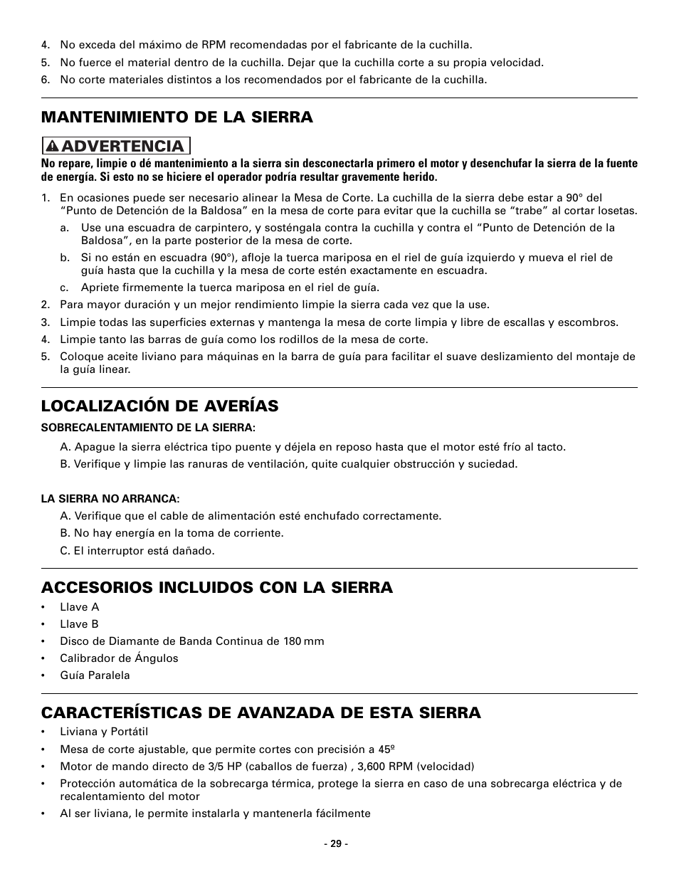 Mantenimiento de la sierra, Localización de averías, Accesorios incluidos con la sierra | Características de avanzada de esta sierra, Advertencia | Masterbuilt Master Cut 7in. Portable Tile 60089 User Manual | Page 29 / 32