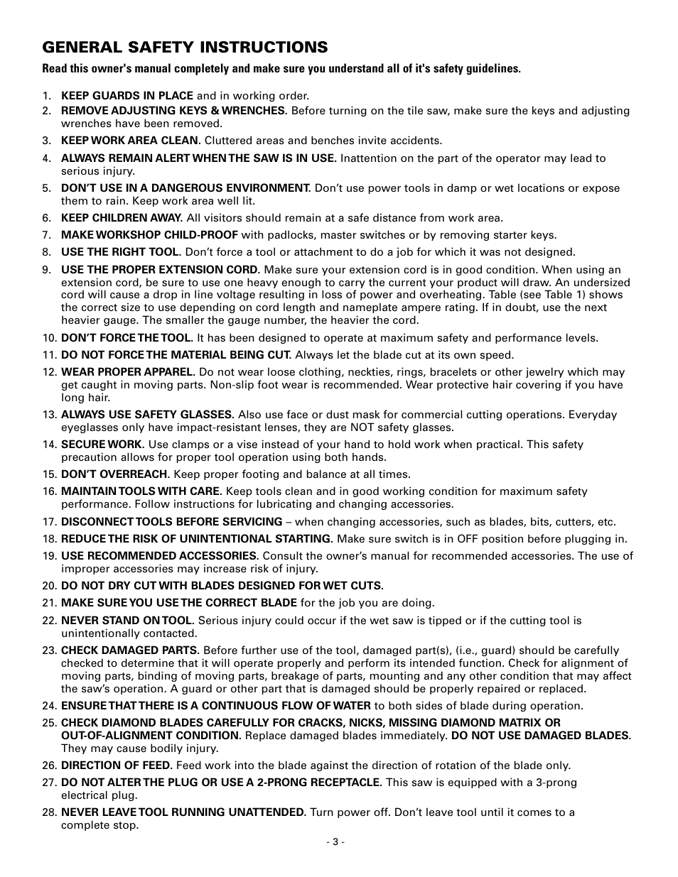 General safety instructions | Masterbuilt Master Cut 7in. Portable Tile 60089 User Manual | Page 3 / 32