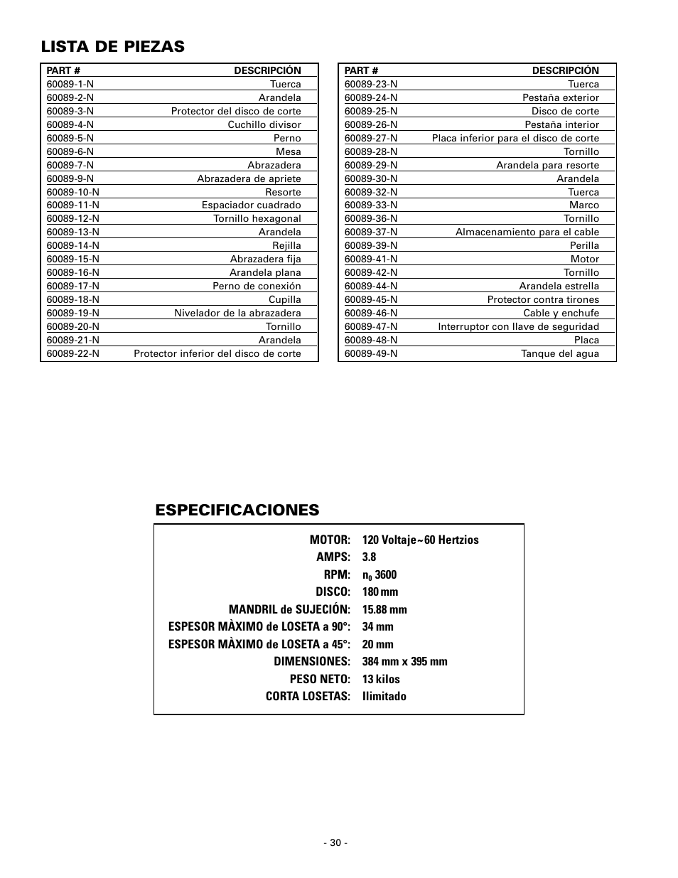 Lista de piezas, Especificaciones | Masterbuilt Master Cut 7in. Portable Tile 60089 User Manual | Page 30 / 32