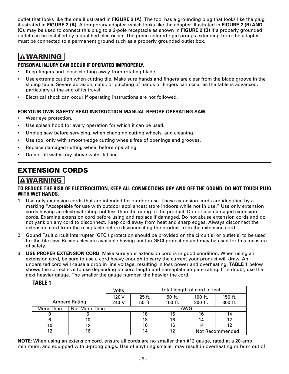 Extension cords, Warning | Masterbuilt Master Cut 7in. Portable Tile 60089 User Manual | Page 5 / 32