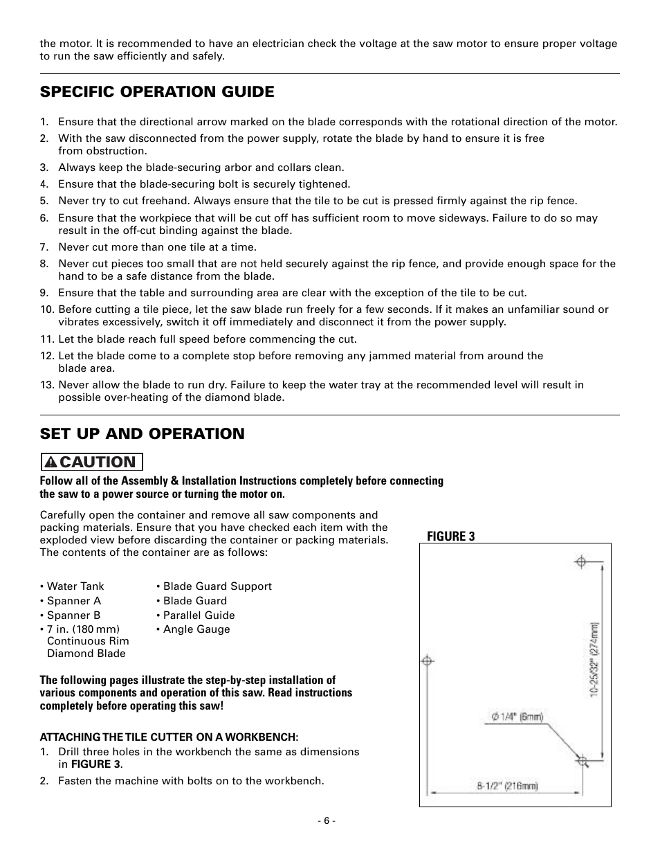 Specific operation guide, Set up and operation, Caution | Masterbuilt Master Cut 7in. Portable Tile 60089 User Manual | Page 6 / 32