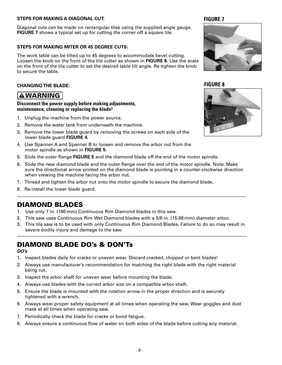 Diamond blades, Diamond blade do’s & don’ts, Warning | Masterbuilt Master Cut 7in. Portable Tile 60089 User Manual | Page 8 / 32