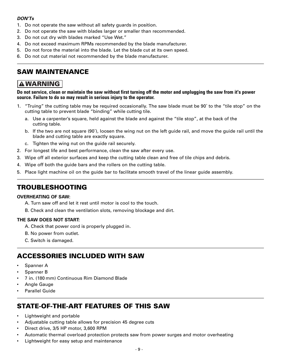 Saw maintenance, Troubleshooting, Accessories included with saw | State-of-the-art features of this saw, Warning | Masterbuilt Master Cut 7in. Portable Tile 60089 User Manual | Page 9 / 32