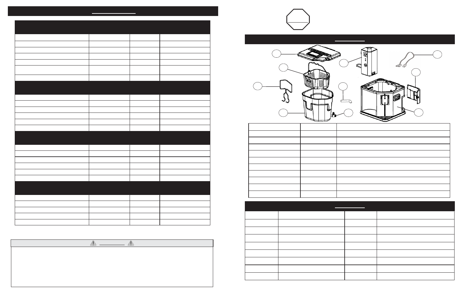 Stop, Parts list, Cooking chart | Warning | Masterbuilt 20010109 User Manual | Page 3 / 8