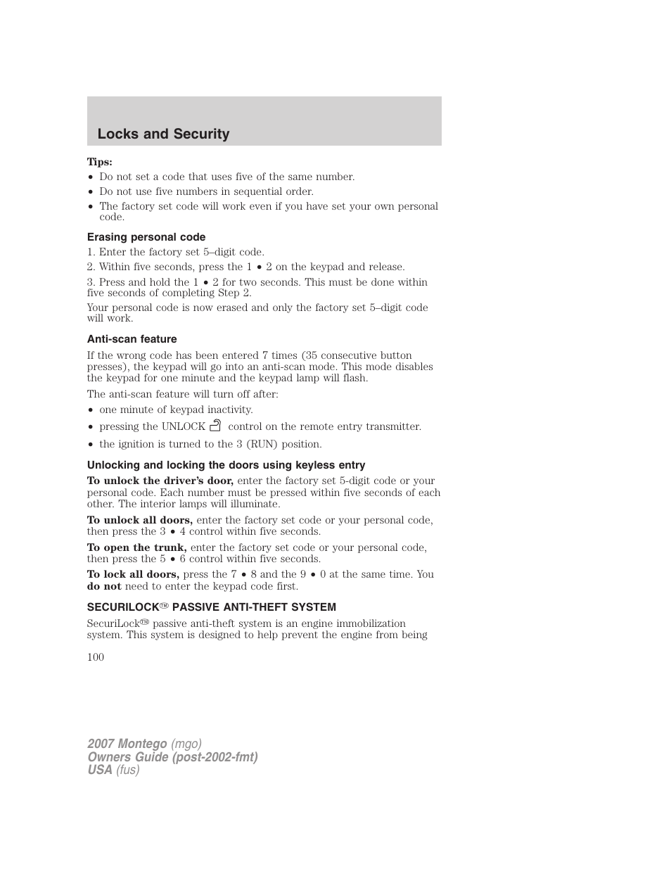 Erasing personal code, Anti-scan feature, Securilock passive anti-theft system | Anti-theft system, Locks and security | Mercury Montego 2007s User Manual | Page 100 / 280