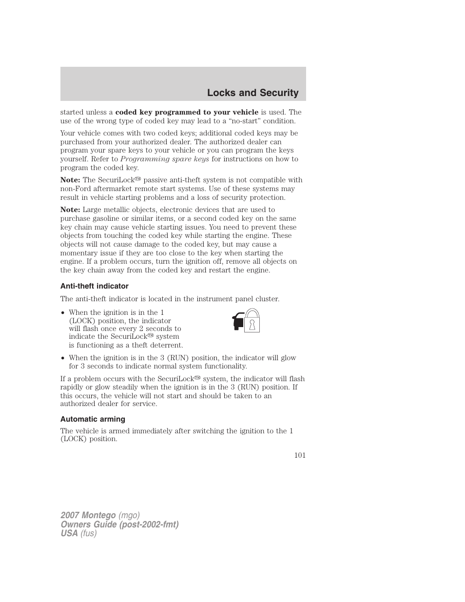 Anti-theft indicator, Automatic arming, Locks and security | Mercury Montego 2007s User Manual | Page 101 / 280