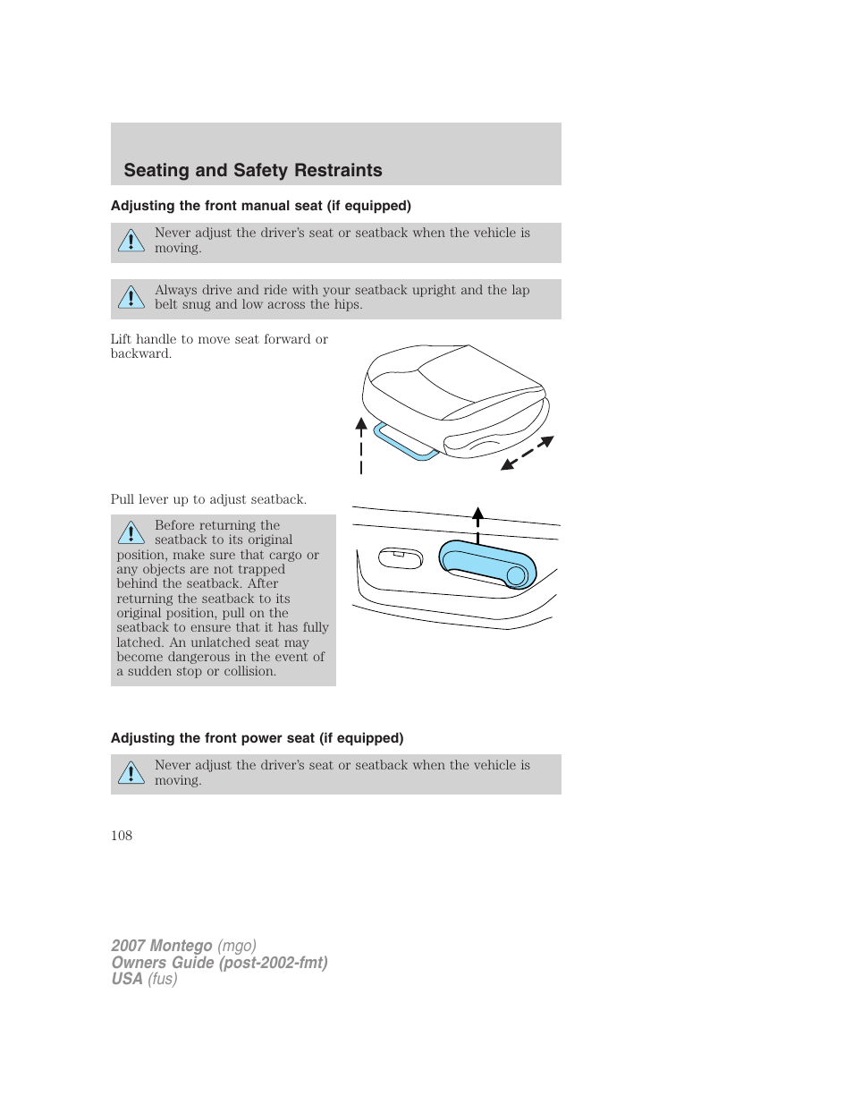 Adjusting the front manual seat (if equipped), Adjusting the front power seat (if equipped), Seating and safety restraints | Mercury Montego 2007s User Manual | Page 108 / 280