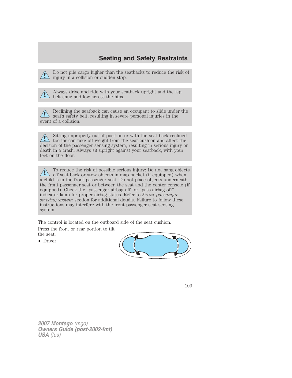 Seating and safety restraints | Mercury Montego 2007s User Manual | Page 109 / 280