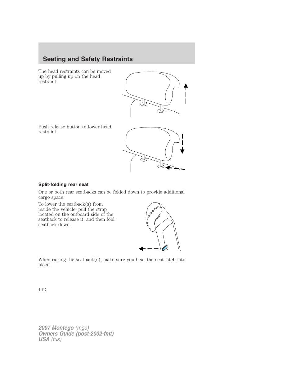 Split-folding rear seat, Seating and safety restraints | Mercury Montego 2007s User Manual | Page 112 / 280