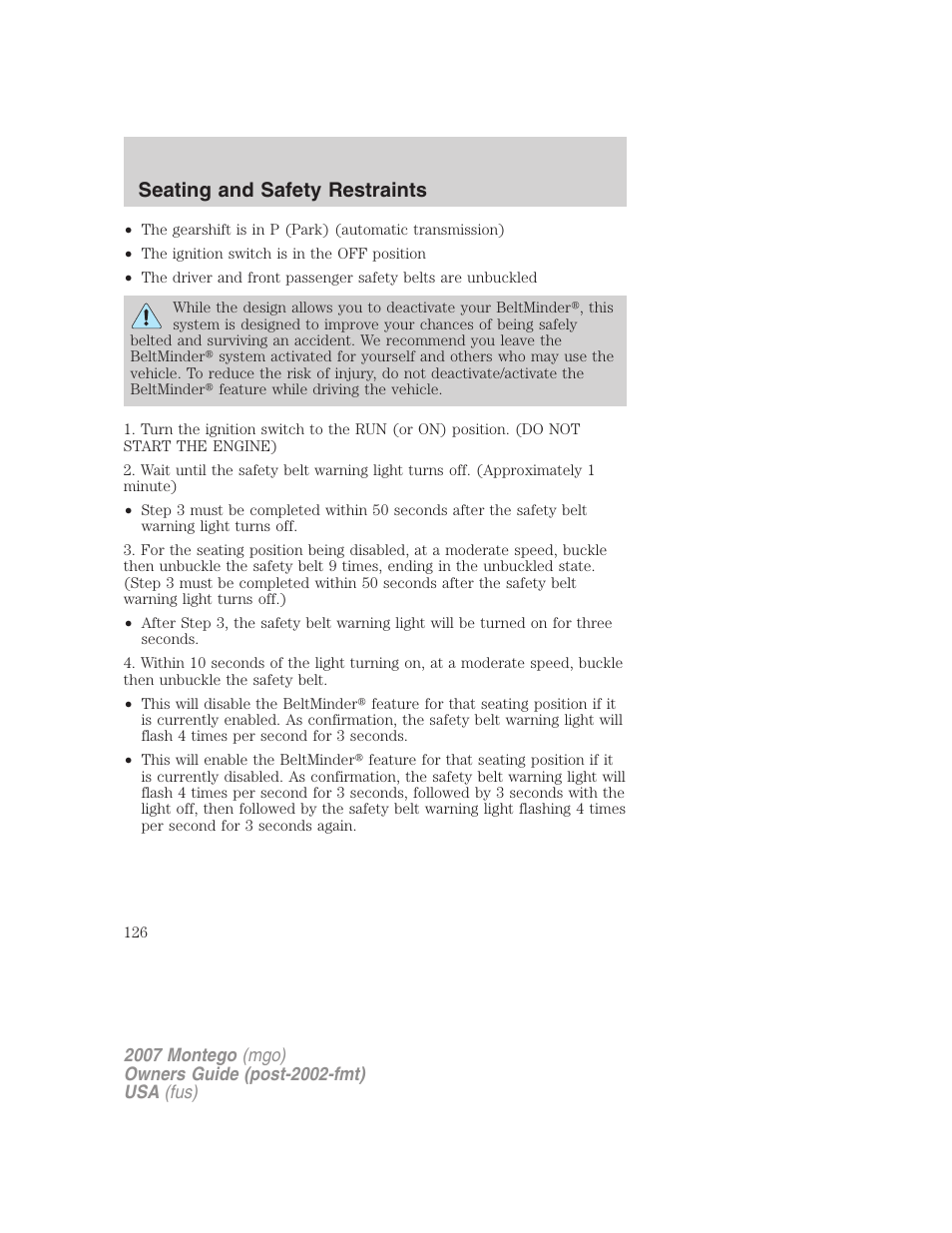 Seating and safety restraints | Mercury Montego 2007s User Manual | Page 126 / 280